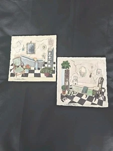 Set (2) C. Winterle Olson 3D Square Wall Art Plaque 7X7 Bathtub Bathroom Scene - Picture 1 of 6