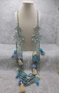 Blau & weiß Boho Multi Strang Quaste & Bommel Design 20" lange Halskette Italien - Bild 1 von 11