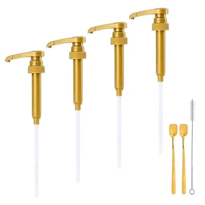 Gold Coffee Syrups Pump Set 4 Pumps 2 Spoons 1 Cleaning Brush Fit Most 750ml - Image 1 of 4