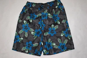 Boys BLACK SWIM TRUNKS Blue Green Tropical Flowers SIZE M 8-10 L 12-14 XL 16-18 - Picture 1 of 2