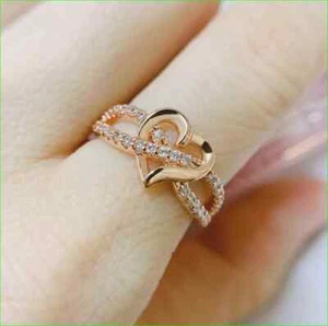 1.50 Ct Round Cut Real Moissanite 14K Rose Gold Plated Heart Shape Wedding Ring - Picture 1 of 4