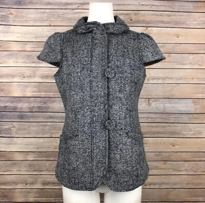 Abrigo Blazer Saks Fifth Avenue Mezcla Lana Tweed 6 Negro Blanco Botón Manga Gorra Foto 1 de 4