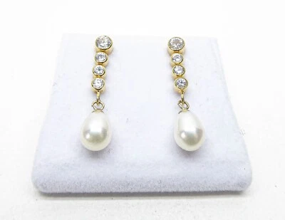 Pendientes Oro 9ct Perla Gotas Nuevo Oro Amarillo Mariposa Caja Regalo Foto 1 de 4