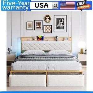 Queen Bed Frame with Storage Headboard and 2 Drawers LED Lights Metal Platform - Picture 1 of 11