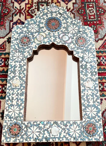 VINTAGE MOORISH WALL MIRROR * INLAY BONE AND STONE WITH MEDALLIONS, LEATHER BACK Cover