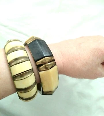 Conjunto de pulseiras de ossos bovinos vintage largas de bronze, pulseira de ossos de chifre bovino de latão - Imagem 1 de 4