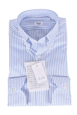 NEW Fralbo Napoli handmade cotton shirt 40 US 15.75 Modern fit blue striped - Image 1 of 4