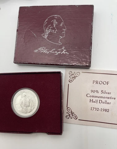 1982-S George Washington Commemorative Proof 90%Silver Half Dollar W/ Box & COA Cover