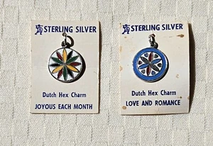 Dutch Hex Charms Sterling Silver Pair of 2 on Original Cards Enamel Pennsylvania - Picture 1 of 6