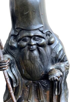 Escultura japonesa de bronce Fukurokuju ~ Dios de la sabiduría, la longevidad Foto 1 de 4