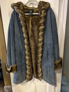 DENNIS BASSO Ladies 3X Blue Suede Coat Faux Fur Collar & Trim& garment bag - Picture 1 of 4