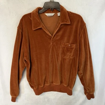 70 年代复古橙色丝绒男式 Montgomery Ward 衬衫,套衫 V 领,XL 码 — 第 1/4 张图片