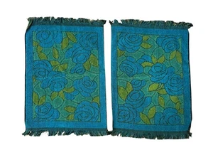 VTG Callaway Blue Green Rose Floral Cotton Hand Towels Set 2 Mid Century Mod - Picture 1 of 6