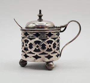 British Mustard Pot 41g Sterling Silver Cobalt Blue Glass Jar 925 Spoon Antique - Picture 1 of 24