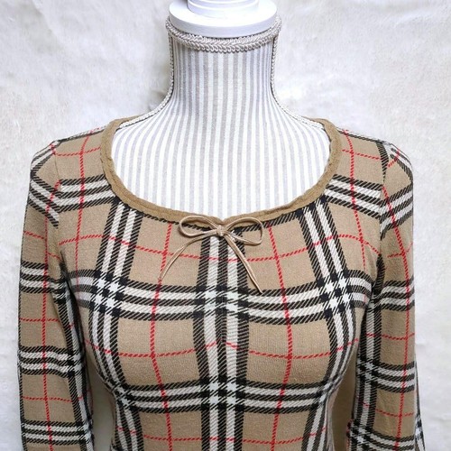 Abito lungo Burberry Nova check volant beige elasticizzato scollo quadrato