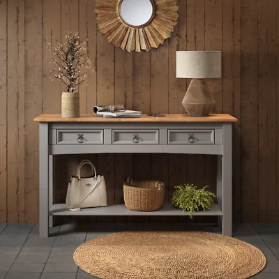 Corona Console Table Grey 3 Drawer Wax Solid Pine Hall by Mercers Furniture® - Image 1 of 4