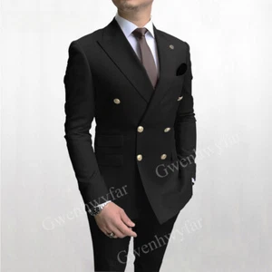 Men Suits Double Breasted Latest Design Gold Button Groom Wedding Tuxedos New - Picture 1 of 28