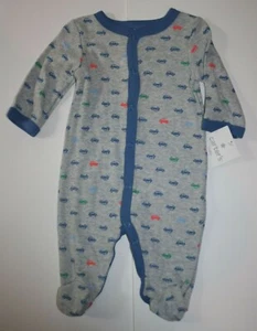 New Carter's 3m Boys Sleep N Play PJs Snaps Gray w Car Print Blue Trim Footed - Picture 1 of 2