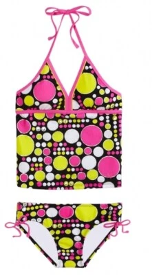 NWT Justice Girls Neon Polka Dot Halter Tankini Swimsuit 7 NEW - Image 1 of 2