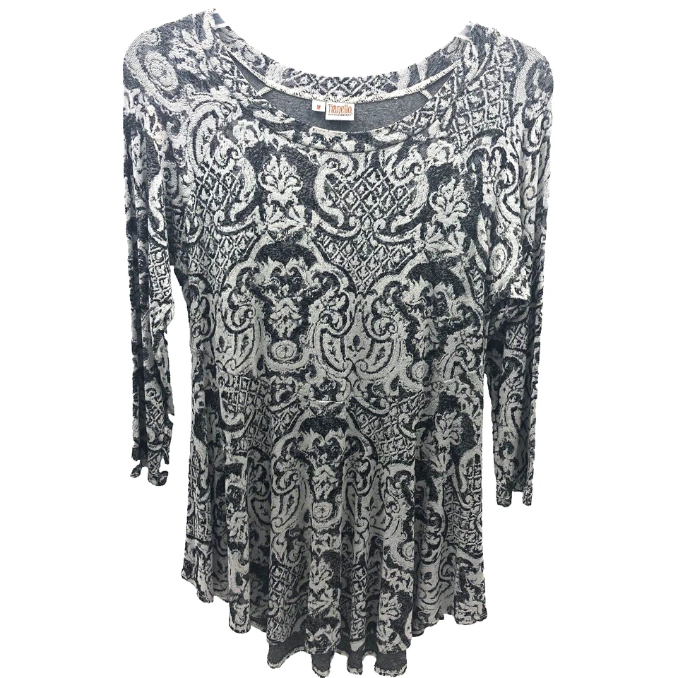 Blusa feminina Tianello M preta branca em forma de V bainha com babados - Imagem 1 de 4