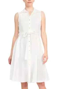 SHARAGANO NY OPTIC WHITE BELTED-BUTTON DOWN DRESS W/POCKETS SIZE 8. NEW$89.00 - Picture 1 of 10