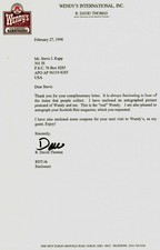 "Wendy's” Dave Thomas Signed TLS Dated 1998 on Wendy's Corporate Letterhead