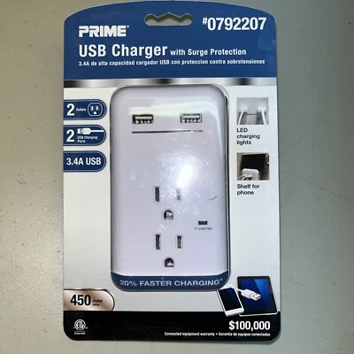 PRIME 2-Outlet Surge Protector with USB Charger 3.4A 450 Joules General Use - Image 1 of 2