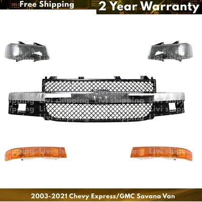 Front Grille Assembly & Headlight Kit For 2003-2021 Chevy Express/GMC Savana Van Foto 1 de 4