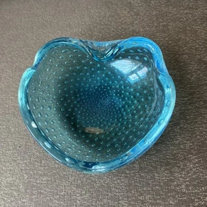 Vintage Aqua Blue Bullicante Bowl Ashtray Controlled Bubbles Art Glass Heart - Picture 1 of 7