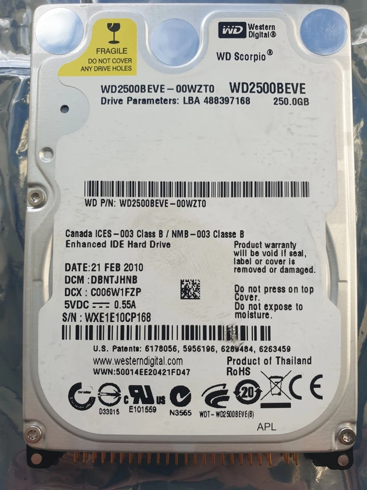 Western Digital 250GB WD2500BEVE-00WZT0 2.5" IDE HARD DRIVE WD - DCM: DBNTJHNB - Image 1 of 1