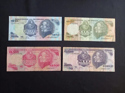 URUGUAY 50 + 100 + 500 + 1000 NUEVOS PESOS Banknotes - Circulated - Image 1 of 2