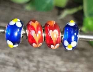 925 Silver & Glass Charm Spacer Beads. Set Of 4. Flowers/Hearts - Picture 1 of 5