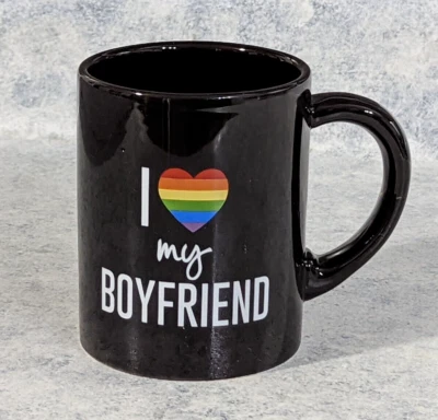 NEW "I Love My Boyfriend" Ceramic Coffee Mug Black Rainbow Pride 16oz Grasslands - Image 1 of 4