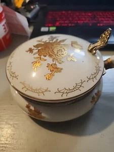 Vintage Porcelain Lidded Serving Pot w/ Handle – Gold Gilt Floral & Brass Trim - Picture 1 of 15