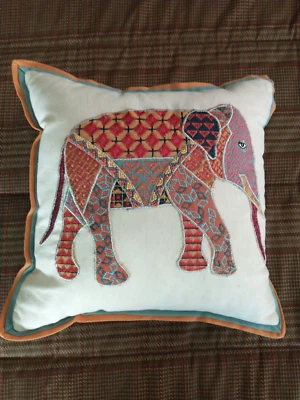 Pier 1 Imports Beaded Embroidered 15 in Throw Pillow Indian Elephant Boho EUC - Image 1 of 4