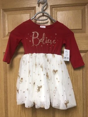 GIRLS CHRISTMAS DRESS SIZE 4 BELIEVE RED WHITE GOLD NWT PINKY LOS ANGELES - Image 1 of 4