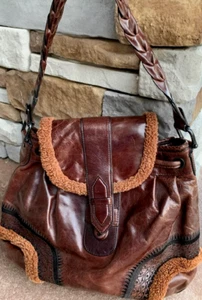 Y2K Cole Haan brown leather hobo bag with braided strap & sherpa trim - Picture 1 of 16