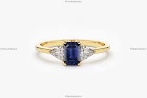 14k Yellow Gold Natural Sapphire Diamond Engagement Art Deco Ring For Women