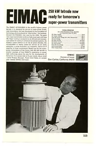 QST Ham Radio Mag. Ad EIMAC 250 kW Tetrode #4CV250,000A (10/67) - Picture 1 of 2