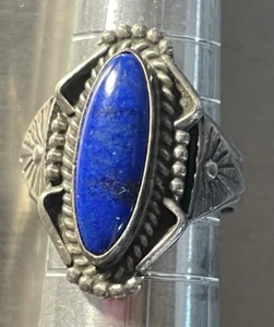 Navajo Sterling Silver Olde Pawn Oval Denim Lapis Stone Pinkie Ring Size 4 1/2" - Picture 1 of 11