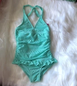 So Candy Shop Crochet 1 Piece Swimsuit Mint Color UPF 50+ New With Tags Size 5/6 - Picture 1 of 4