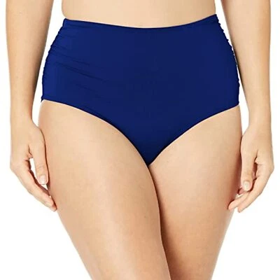 Parte inferior de bikini Anne Cole cintura alta para doblar fruncida azul marino, talla X-pequeña Foto 1 de 4