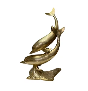 MCM Hollywood Regency Solid Brass Double Swimming Dolphins Sculpture 16 In Tall - Picture 1 of 10