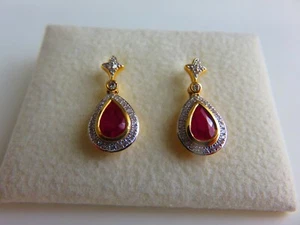 Diamond Ruby Dangling Earrings 18 Carat Yellow Gold All Natural Stones Pear - Picture 1 of 4