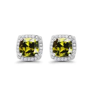 10k White Gold Plated 1 Ct Created Halo Princess Cut Peridot CZ Stud Earrings - Picture 1 of 1