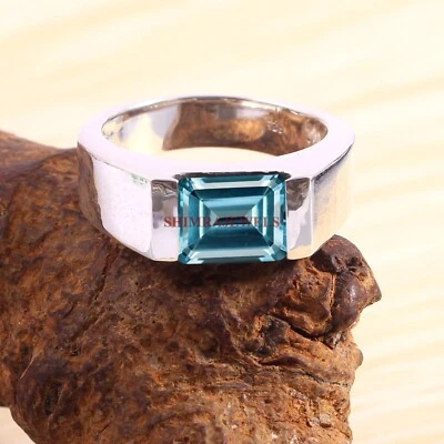 Natürlich Blau Topas Edelstein Mit 18k Weiß Vergoldet Silber Herren Ring #1893 - Bild 1 von 4