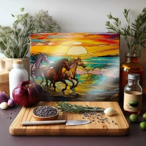 Multicolor Stained Glass Look Running Horses Sunset Glass Cutting Board - Picture 1 of 1