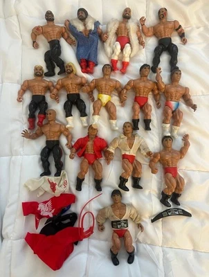AWA REMCO WWF WWE Wrestling Action Figures Lot 14 figures, accessories, clothing - Image 1 of 4