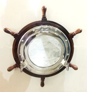 Nautical 18" Ship Wheel Mirror Porthole Silver Finish Wall Hanging Home Decor - Picture 1 of 5