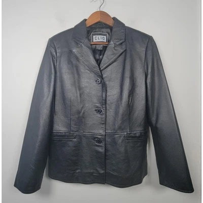 Chaqueta de cuero vintage Clio Petites para mujer PM blazer abotonada años 90 forrada negra Foto 1 de 4